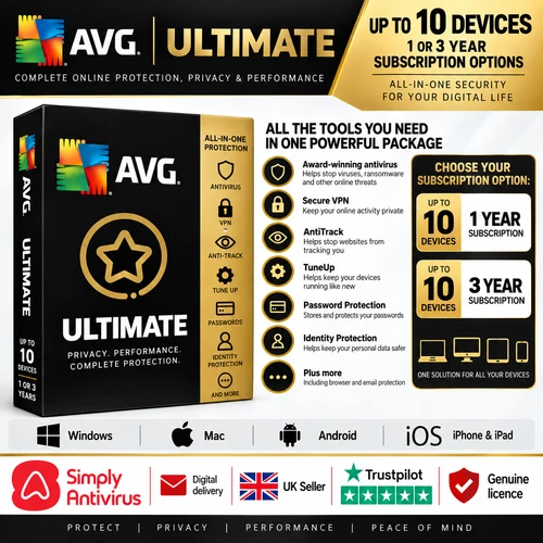 AVG Ultimate 2026 10 Devices 1/3 Year Antivirus VPN TuneUp AntiTrack Digital