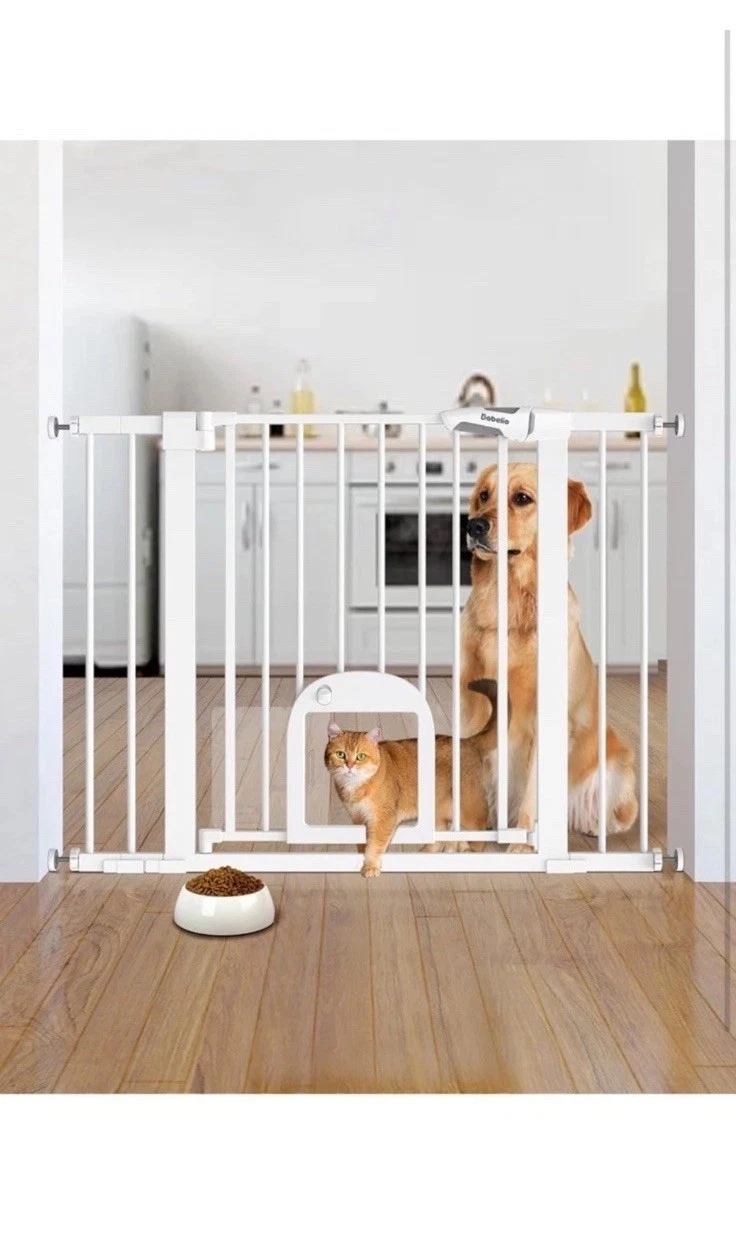 Baby Gate with Adjustable Cat Door,29-43" Auto Close Durable Pet Door for Sta...