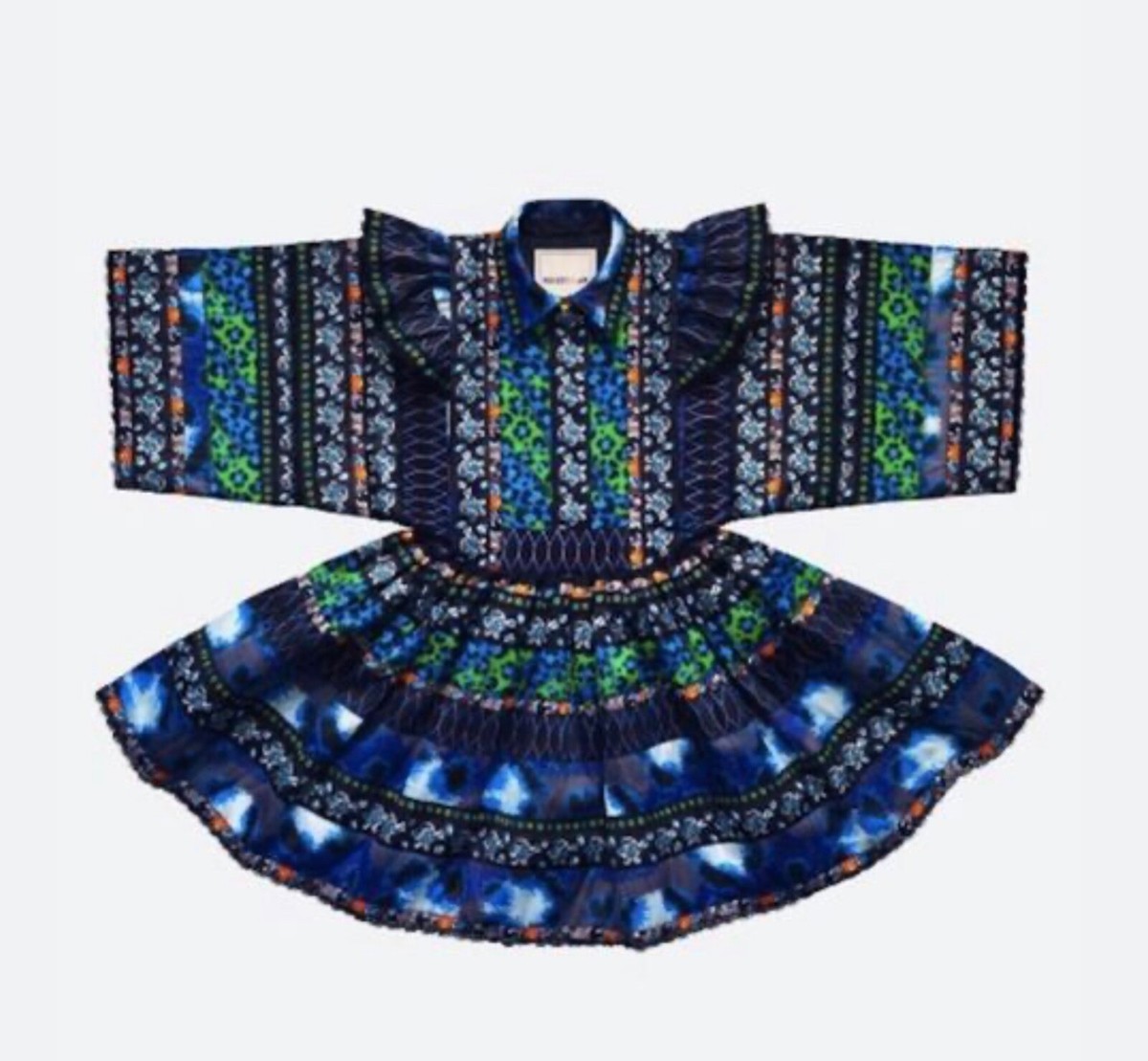 Kenzo x H&M Frill Wide Patterned Folk Dress Blue Green Size Kenzo x H&M Frill Wide Patterned Folk Dress Blue Green Size