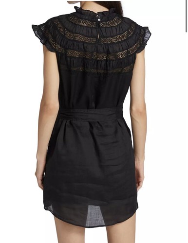 NWT FRAME Black Lace Inset High Mock Neck Cap Sleeve Ramie Mini Dress Women's M - 第 4/10 張圖片