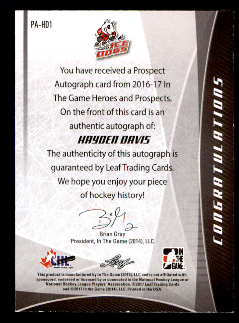 2016-17 ITG Heroes and Prospects Prospect AUTO #PAHD1 Hayden Davis | eBay