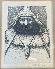 SIGNED 1972 Arist SAL GUARDINO Etching of Friar Tuck in Wood FRAME fr.Robin Hood