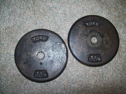 vtg YORK BARBELL 1 1/4lb. PANCAKE WEIGHT PLATES BodyBuilding STRONGMAN DUMBBELLS