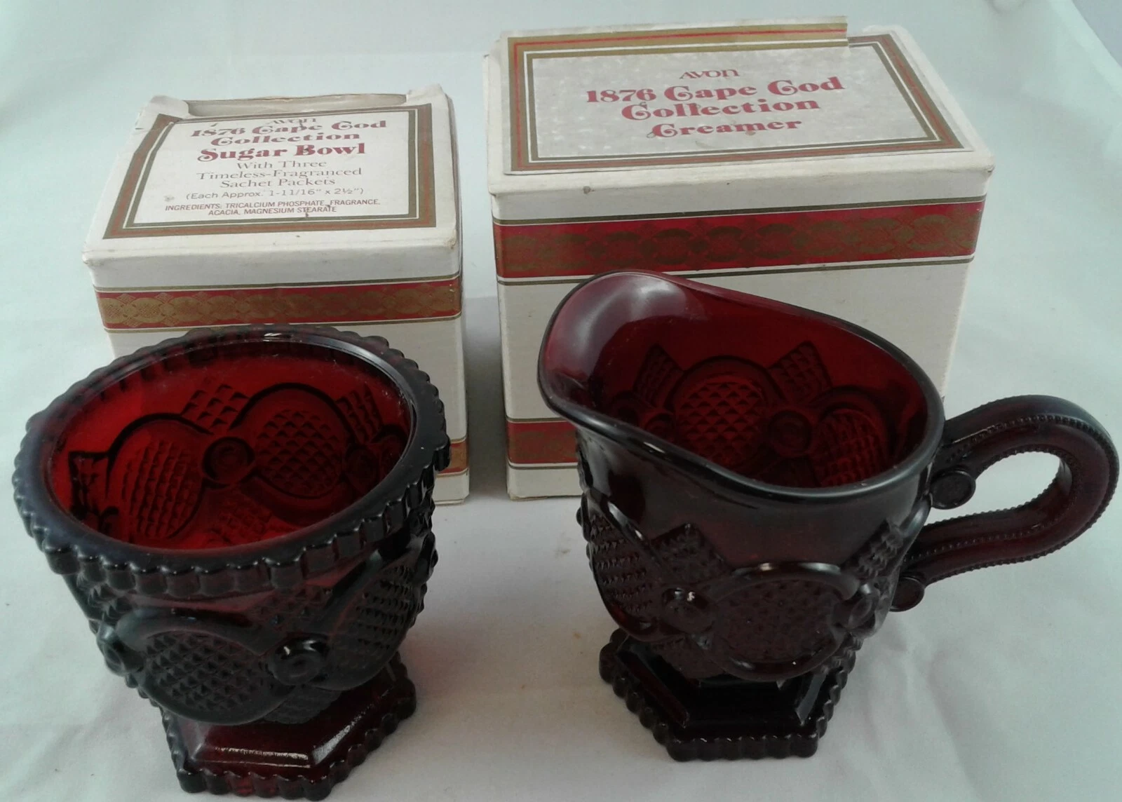 Creamer Sugar Bowl Set Avon 1876 Cape Cod Ruby Red Glass + Original Boxes