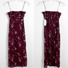 Reformation Lore Strapless Shirred Midi Dress Size 0 NWT Burgundy Dainty Floral