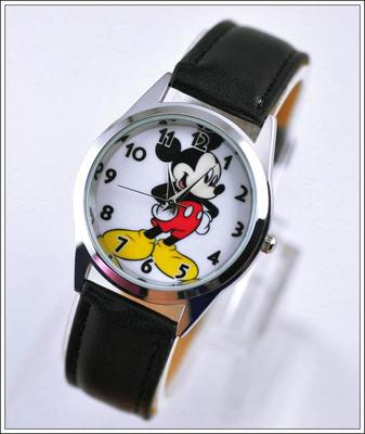 Disney's Mickey Mouse Genuine Black Leather Band Wrist Watch W