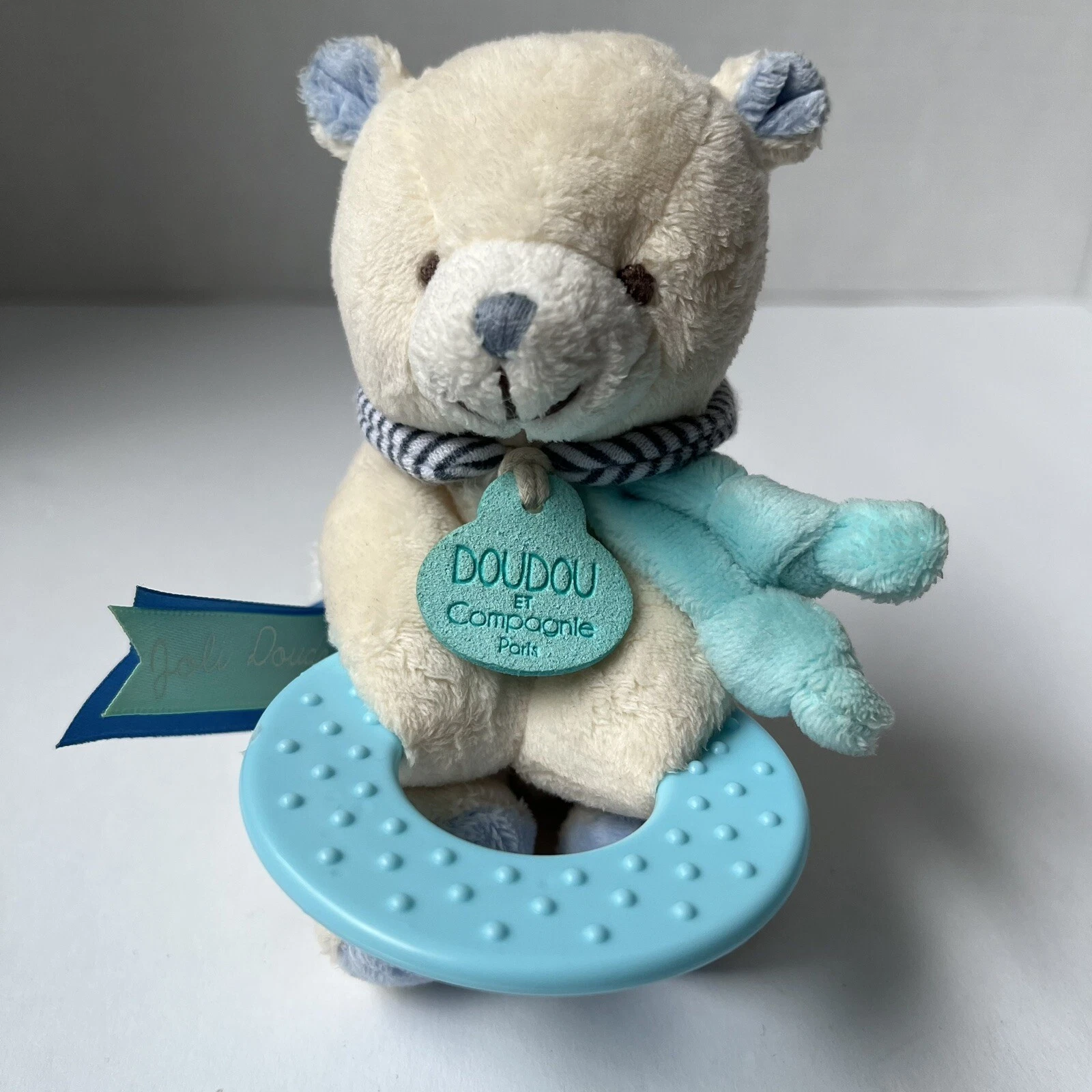 Doudou Et Compagnie Paris France Plush Bear Rattle And Teething Ring White Blue