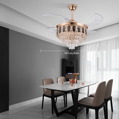 Crystal Ceiling Fan Light 6 Speed Modern LED Dimmable Pendant Lamp With Remote