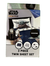 Star Wars Baby Yoda Powerful Child 3-Piece Kids Twin Sheet Set - White, New