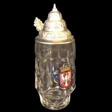 GERMAN GLASS BEER STEIN FRANKFURT GERMANY COAT OF ARMS DIMPLED PEWTER LID DBGM