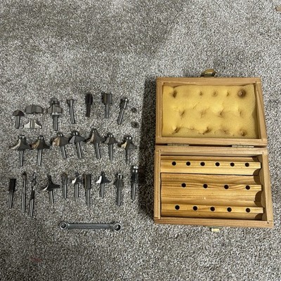 Lot of 25 Router Bits Woodworking Edge,Molding, plus more w/ wood Case