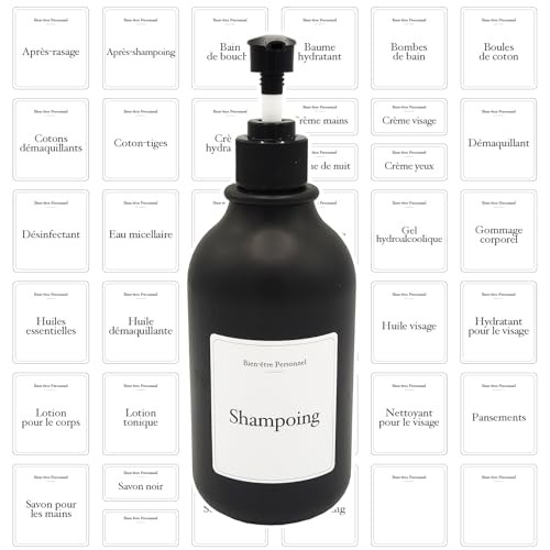 Étiquettes bien-être lavables pour flacons cosmétiques aux inscriptions effacées