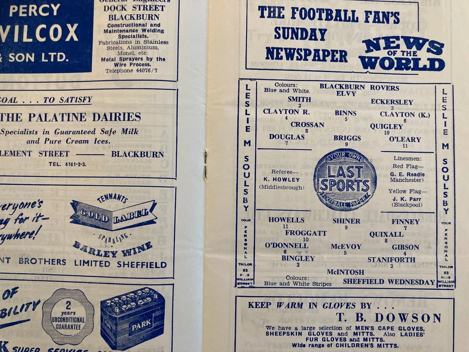 Blackburn Rovers v Sheffield Wednesday Div 2 1955/56 - Image 2 of 2