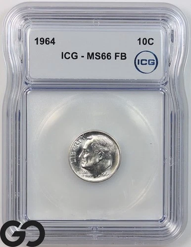 1964 Roosevelt Dime, Full Bands, ICG MS 66 FB ** Blast White!