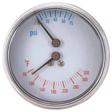 Zoro Select 4Cfc4 Boiler Gauge, Round, 0-75 Psi, 60 To 260 F, Case Color: Black