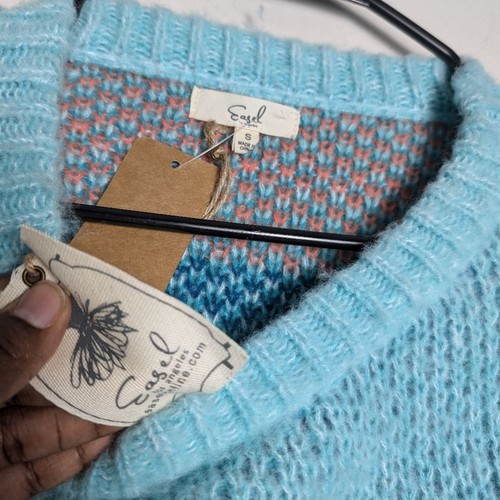 Easel like you mean it smiley face sweater blue fuzzy soft cozy sz S NEW - Picture 3 of 7