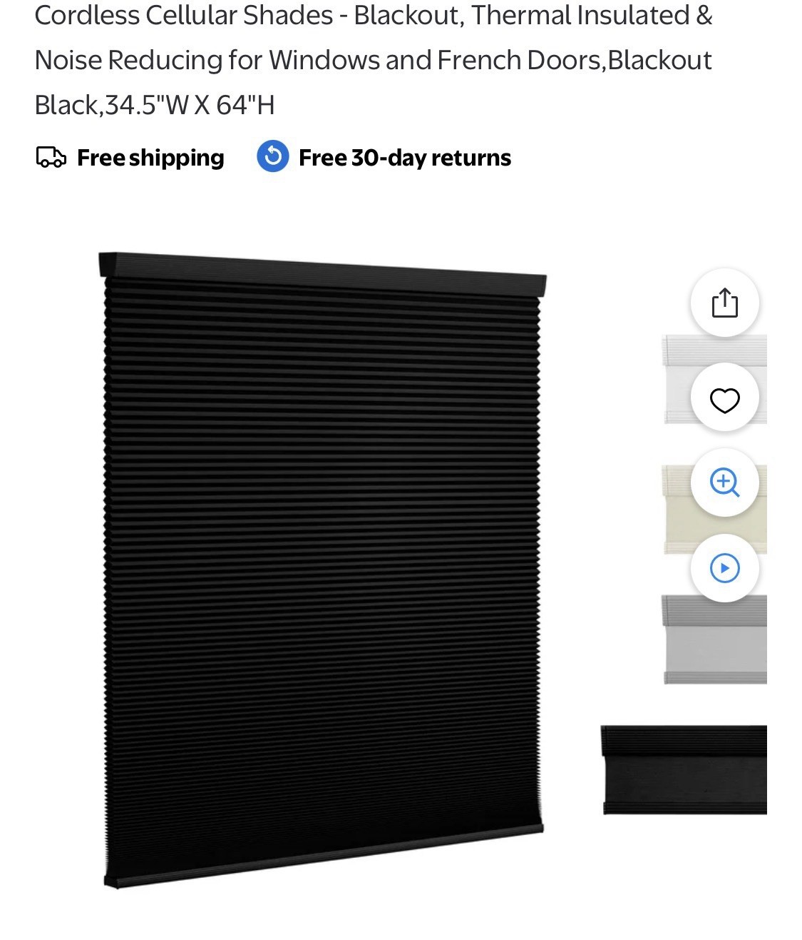 34.5x64 Black Cordless Honeycomb Blind New