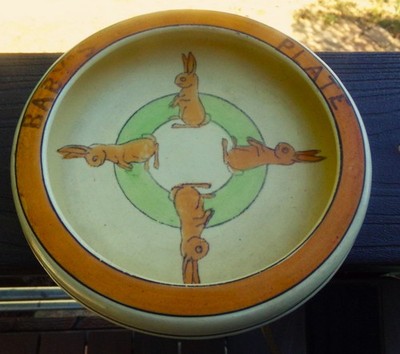 ANTIQUE ROSEVILLE JUVENILE CREAMWARE BABY'S PLATE BOWL WITH RABBITS CIRCA 1920'S