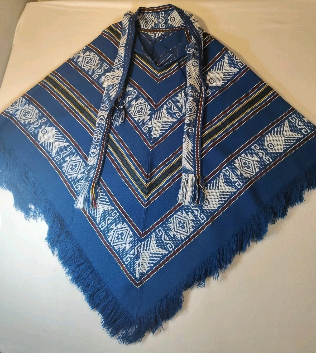 Tasseled Poncho Handmade by Ecuadorian Artisans Blue Pullover 100% Sheep Wool