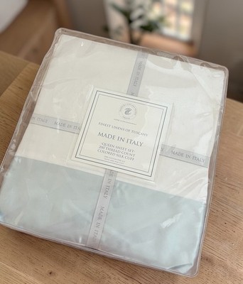 Tessitura Toscana Telerie Queen Sheet Set 100% Cotton Percale w/ Silk Cuff Blue