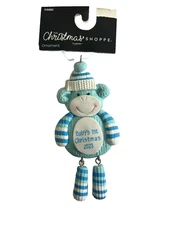 The Christmas Shoppe Baby's 1st Christmas Blue Sock Monkey 2023 Ornament New