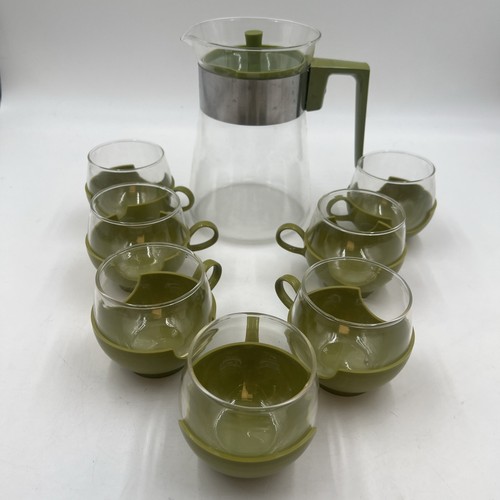 Set 7 tazzine da caffè vintage MCM verde avocado Pyrex Roly Poly Drink Ups con brocca - Foto 2 di 13