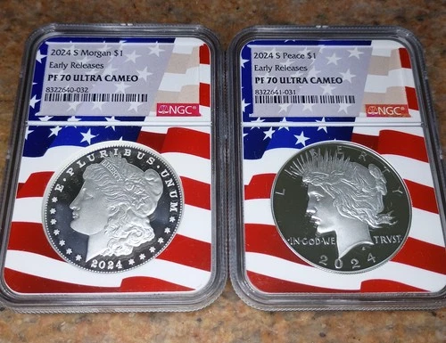 2024 S Pf70 UC Morgan And Peace Dollar Set .999 Silver  NGC American Flag Holder