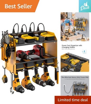 Sleek Yellow Power Tool Organizer - Wall-Mounted Storage with Hooks & Outlets