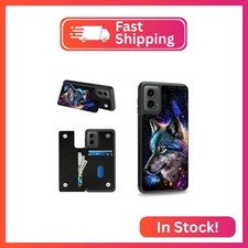 Dikoer Moon Wolf Wallet Case for Moto G Play 5G 2024 6.5" Credit Card Holder Slo