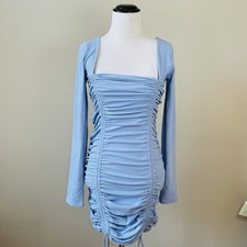 FOREVER 21 Mini Dress Size Medium Light Blue Ruched Long Sleeve Stretchy MINT