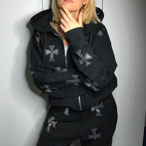 Cross Casual Jackets Fashion Rhinestone Hooded Outwear Zipper Y2K Soft Plus Size - Bild 1 von 15