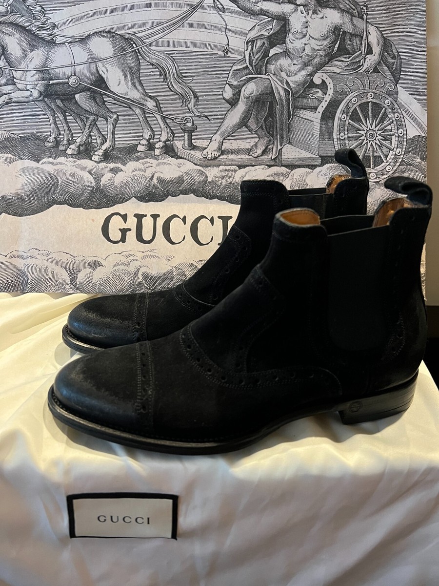 GUCCI Black Distressed Suede Leather Brogues Ankle Boots GUCCI Black Distressed Suede Leather Brogues Ankle Boots