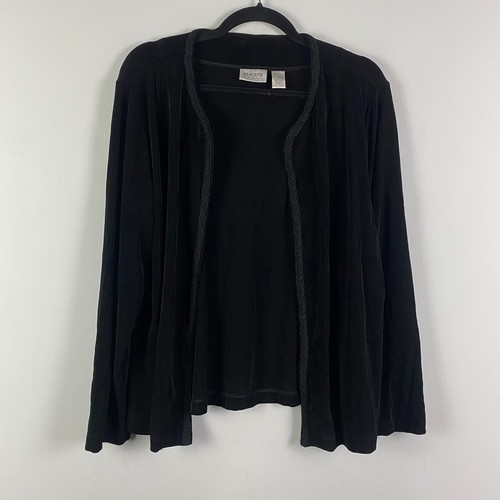 Chicos Travelers Open Front Jacket Size 3 US XL Black Slinky Knit Embroidered