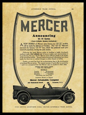 1915 Mercer Automobile Co. NEW Metal Sign: 22-72 Series - Trenton, New Jersey