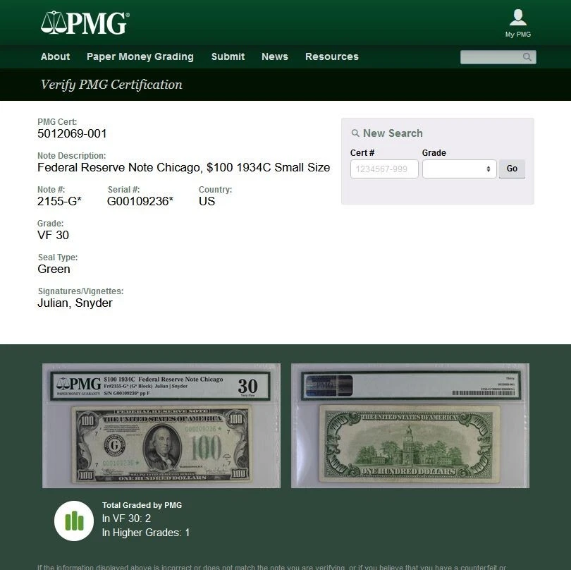 1934C $100 FRN Chicago Star  4 known  PMG 30 2nd highest graded star Fr 2155-G* - Image 2 of 4