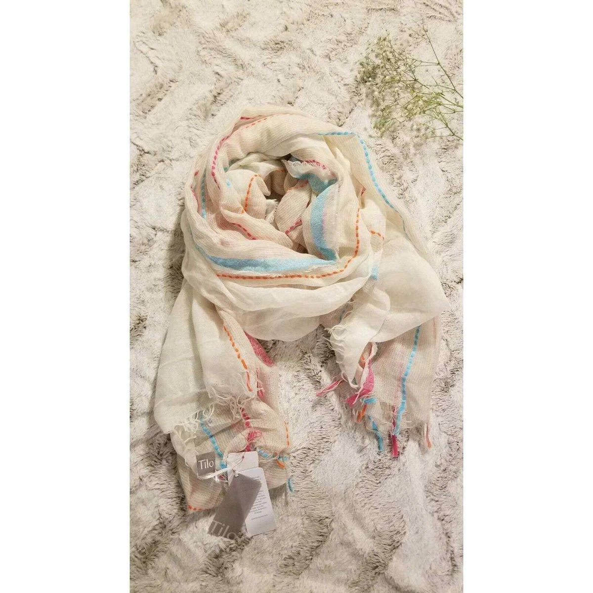 Tilo Multicolor Cream Blue Pink Orange Stripe Tassel Scarf NWT eBay