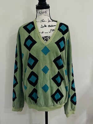 GIANNI VERSACE Men's Blue Green Diamond Argyle Leather Pullover V-Neck Shirt Med