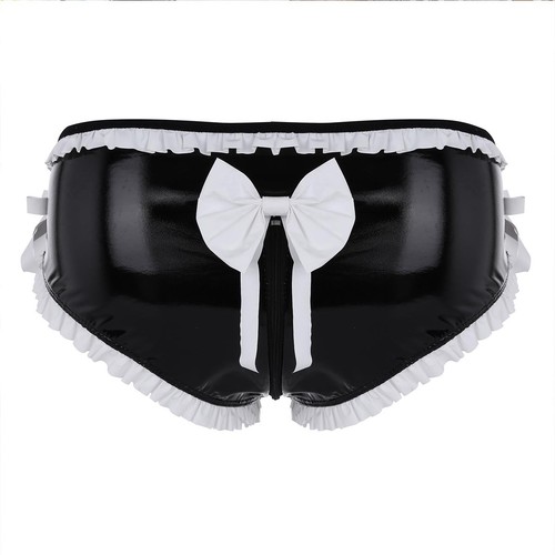 Sissy Mens French Maid Brief Wet Look Underwear Frilly Zipper Crotch Panties - Picture 6 of 14