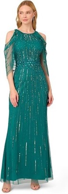 NWT Adrianna Papell vivid emerald cold shoulder beaded gown sz 8P $349 MSR