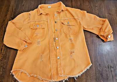 Women's Peach orange distressed Demin shacket jacket sz XL