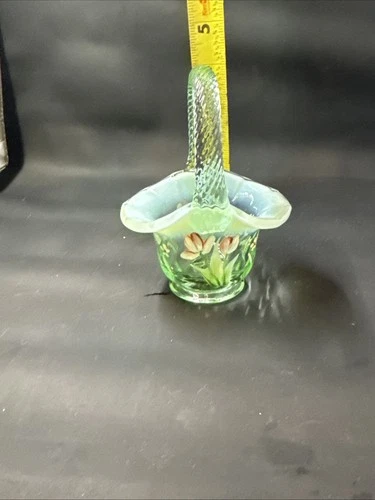 Vintage 5” Fenton Green Opalescent Hp Flowers Miniature Basket Signed