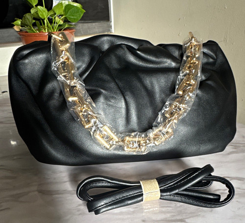Black Faux Leather Ruched Shoulder Bag Gold Chain Hardware Detachable Strap