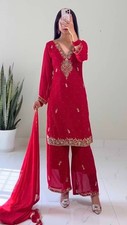 Latest New Faux Georgette Red Palazzo Suit With Dupatta For Festival Wear