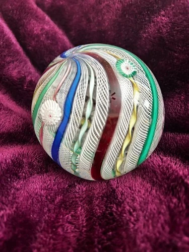 VTG Murano Art Glass Latticino, Ribbon, & Millefiori Round Paperweight