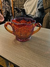 Red Yellow Carnival Glass Spooner Bowl with Two Handles. Excellent Cond Vintage