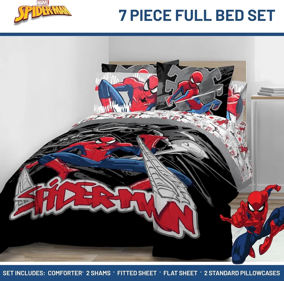  Conjunto de edredom infantil inclui lençóis e travesseiros 7 peças preto completo - Homem-Aranha - Imagem 3 de 4