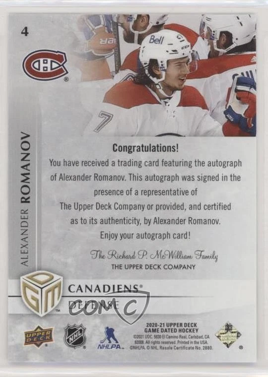 2020 Upper Deck Game Dated Moments Achievement Alexander Romanov Rookie Auto RC - Image 2 of 2