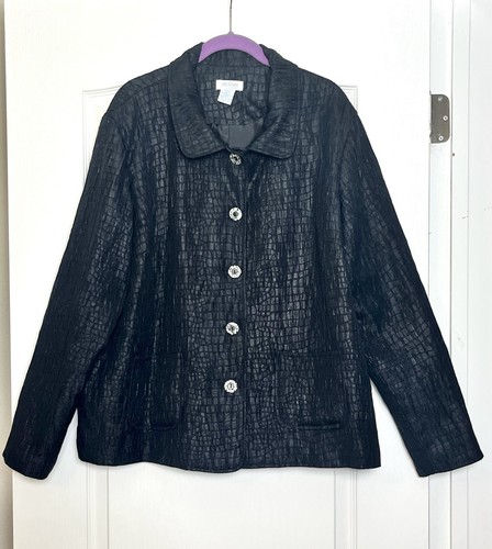 VTG City Blues By Koret Black 🐊 Faux Leather Textured Jacket Sz XL Button Lined