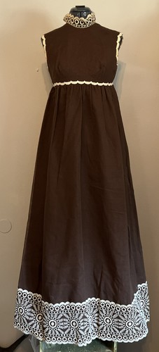 Old Vintage Brown Peasant Maxi Dress with Beige Crocheted Lace Details- Small