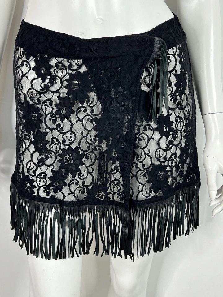 Винтажная черная прозрачная кружевная кожаная юбка с бахромой Dolce & Gabbana D&G SS2000 40 S - Изображение 2 из 4